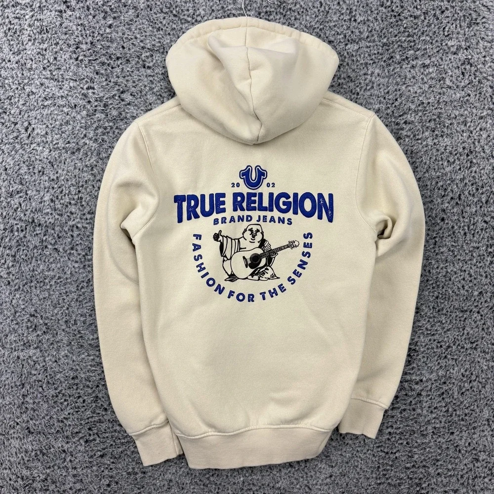 True Religion Hoodie Mens Off White/Cream Core Zip Up Graphic Fleece Logo M